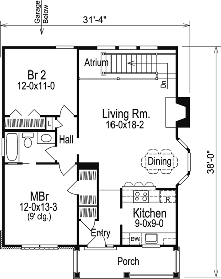 Cabin, Cottage, Country, Ranch House Plan 86987 with 2 Beds, 1 Baths, 1 Car Garage First Level Plan