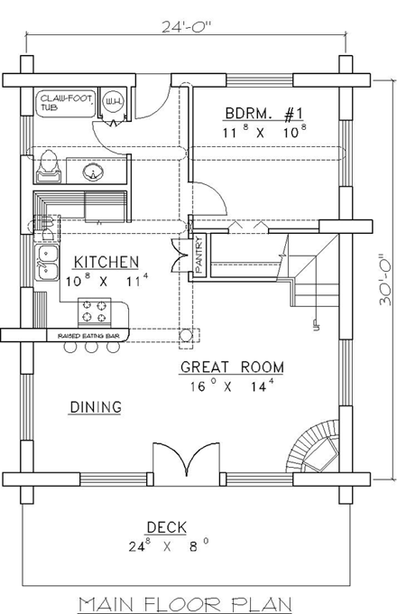 Log House Plan 87006 with 1 Beds, 1 Baths First Level Plan