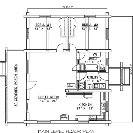 Log House Plan 87060 with 2 Beds, 1 Baths First Level Plan