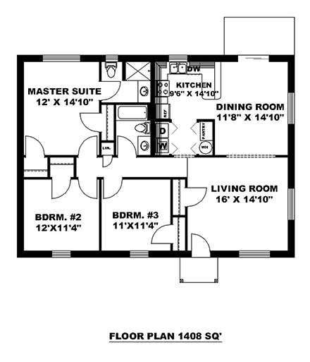 Ranch House Plan 87093 with 3 Beds, 2 Baths First Level Plan