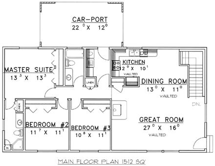 One-Story, Ranch House Plan 87201 with 3 Beds, 2 Baths, 1 Car Garage First Level Plan