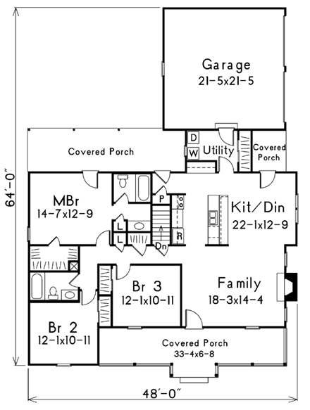 Country House Plan 87330 with 3 Beds, 2 Baths, 2 Car Garage First Level Plan
