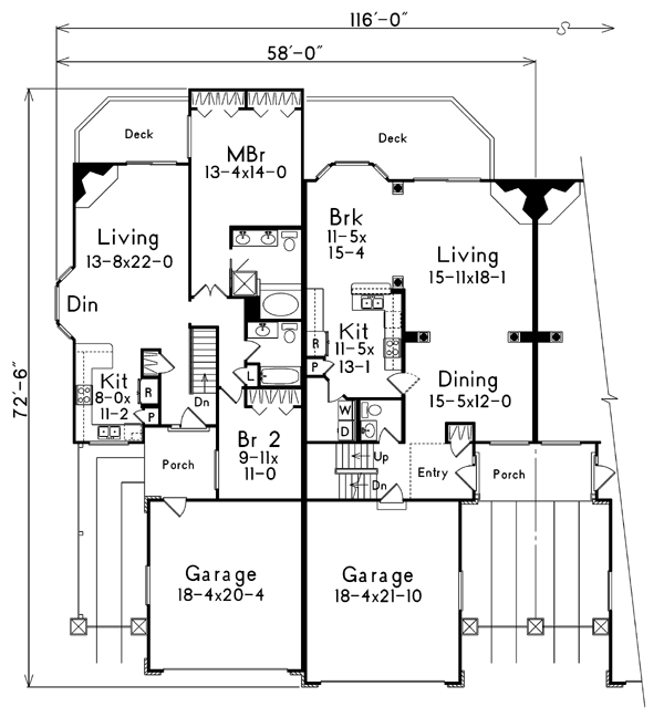 Traditional Multi-Family Plan 87350 with 3 Beds, 3 Baths, 2 Car Garage Level One