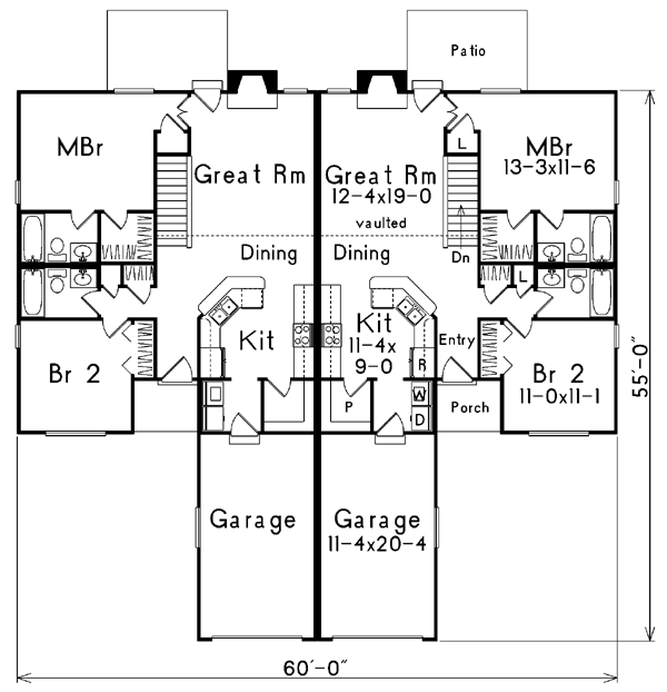 Traditional Multi-Family Plan 87352 with 4 Beds, 4 Baths, 2 Car Garage Level One