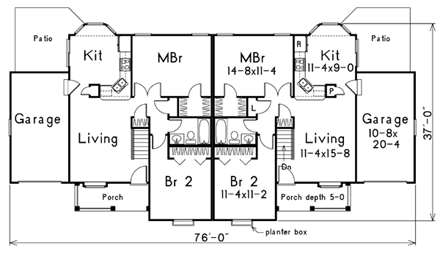 Country, One-Story Multi-Family Plan 87353 with 4 Beds, 2 Baths, 2 Car Garage First Level Plan