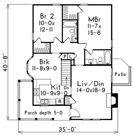 Country House Plan 87390 with 2 Beds, 2 Baths First Level Plan