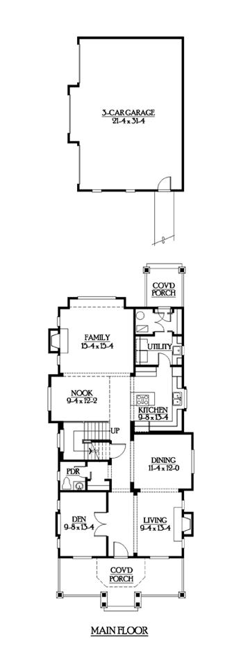 Craftsman, Narrow Lot House Plan 87424 with 3 Beds, 3 Baths, 3 Car Garage First Level Plan