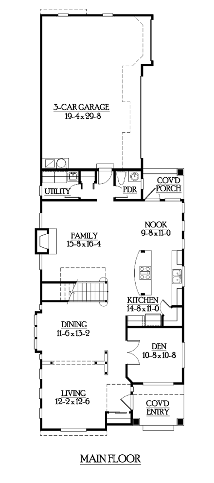 Country, Craftsman, Narrow Lot House Plan 87461 with 4 Beds, 3 Baths, 3 Car Garage First Level Plan