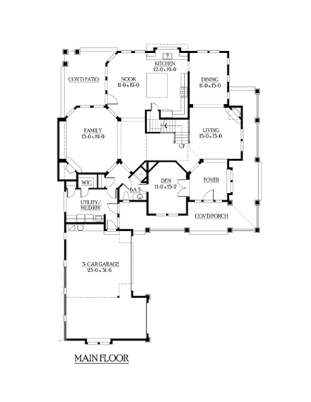 Bungalow, Craftsman House Plan 87586 with 4 Beds, 3 Baths, 3 Car Garage First Level Plan