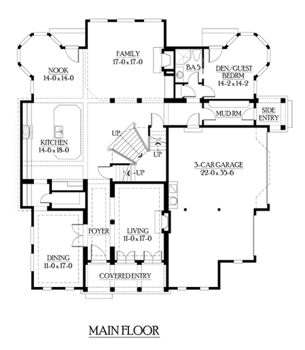 European House Plan 87613 with 5 Beds, 6 Baths, 3 Car Garage First Level Plan