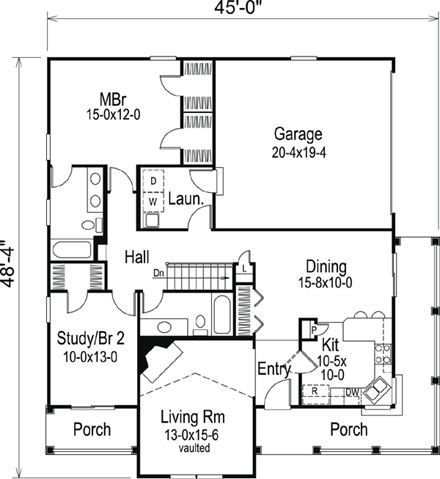 Bungalow, Cottage, Country, Ranch House Plan 87804 with 2 Beds, 2 Baths, 2 Car Garage First Level Plan