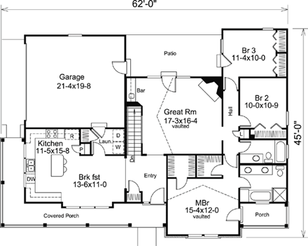 Bungalow, Country, Craftsman, Ranch House Plan 87811 with 3 Beds, 2 Baths, 2 Car Garage First Level Plan