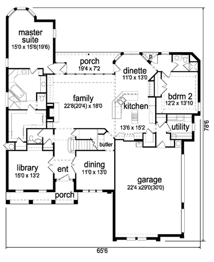 European House Plan 87922 with 4 Beds, 4 Baths, 3 Car Garage First Level Plan