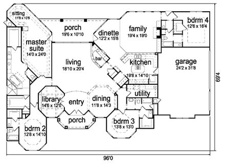 European House Plan 87933 with 4 Beds, 4 Baths, 3 Car Garage First Level Plan