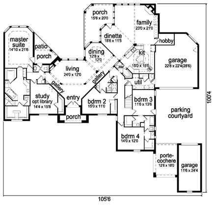 European House Plan 87935 with 4 Beds, 4 Baths, 3 Car Garage First Level Plan