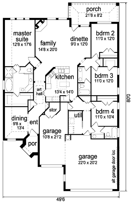 Traditional House Plan 87955 with 4 Beds, 3 Baths, 3 Car Garage First Level Plan