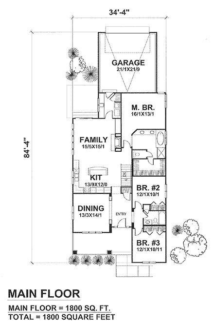 Bungalow House Plan 88034 with 3 Beds, 2 Baths, 2 Car Garage First Level Plan