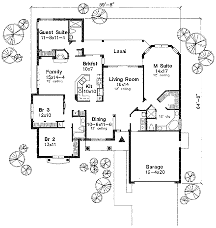 Florida, Mediterranean House Plan 88165 with 4 Beds, 3 Baths, 2 Car Garage First Level Plan