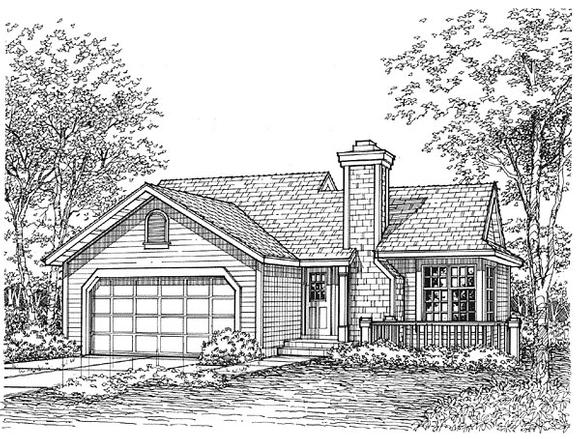 Narrow Lot, One-Story House Plan 88176 with 2 Beds, 1 Baths, 2 Car Garage Elevation
