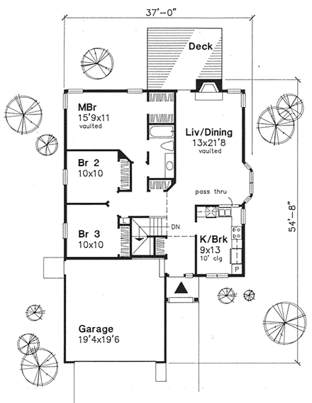 Narrow Lot, One-Story, Traditional House Plan 88190 with 3 Beds, 1 Baths, 2 Car Garage First Level Plan