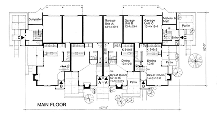 Traditional Multi-Family Plan 88402 with 10 Beds, 12 Baths, 6 Car Garage First Level Plan