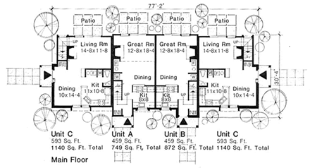 Traditional Multi-Family Plan 88408 with 7 Beds, 8 Baths First Level Plan