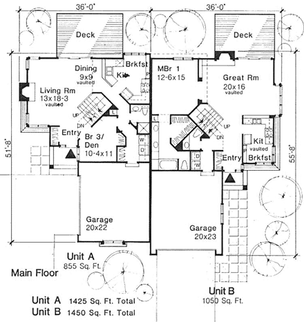 Traditional Multi-Family Plan 88410 with 4 Beds, 6 Baths, 4 Car Garage First Level Plan