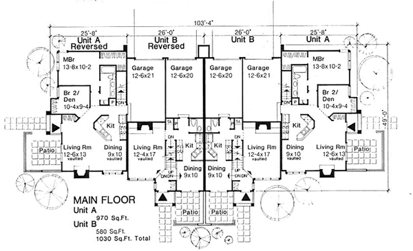 Traditional Multi-Family Plan 88411 with 8 Beds, 6 Baths, 4 Car Garage Level One