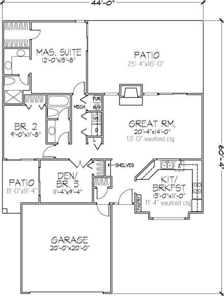 One-Story, Ranch House Plan 88419 with 2 Beds, 2 Baths, 2 Car Garage First Level Plan