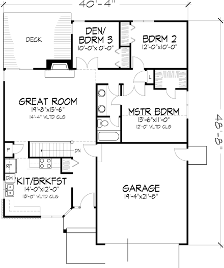 Narrow Lot, One-Story House Plan 88422 with 2 Beds, 1 Baths, 2 Car Garage First Level Plan
