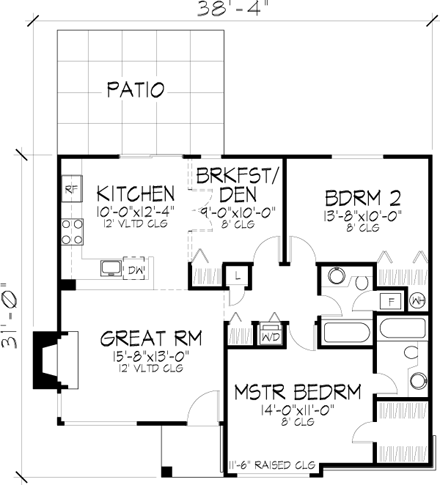 Ranch House Plan 88440 with 2 Beds, 2 Baths First Level Plan