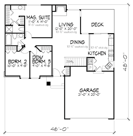 Ranch House Plan 88448 with 2 Beds, 2 Baths, 2 Car Garage First Level Plan
