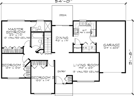 Ranch House Plan 88461 with 3 Beds, 2 Baths, 1 Car Garage First Level Plan
