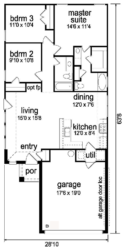 Narrow Lot, One-Story, Traditional House Plan 88602 with 3 Beds, 2 Baths, 2 Car Garage First Level Plan
