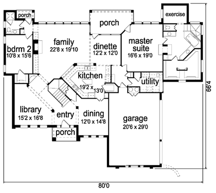 European House Plan 88640 with 4 Beds, 4 Baths, 3 Car Garage First Level Plan