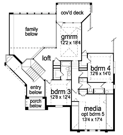 European House Plan 88640 with 4 Beds, 4 Baths, 3 Car Garage Second Level Plan
