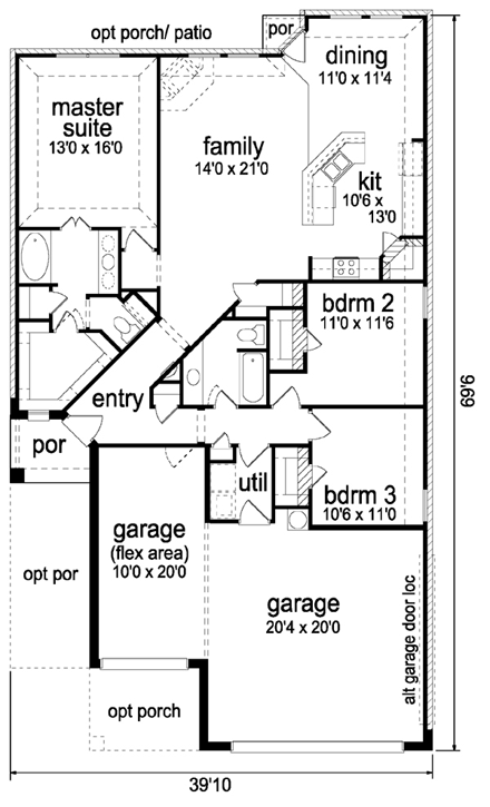 Narrow Lot, One-Story, Traditional House Plan 88650 with 3 Beds, 2 Baths, 3 Car Garage First Level Plan