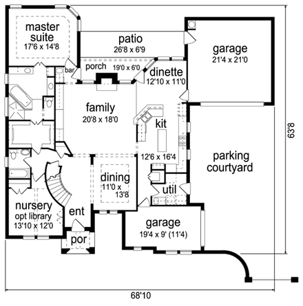 European, Tudor House Plan 88689 with 4 Beds, 3 Baths, 3 Car Garage First Level Plan