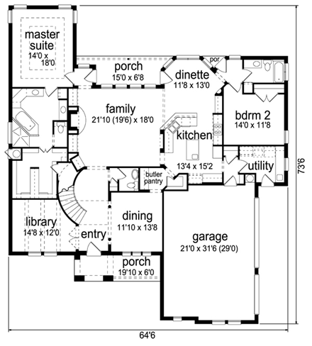 European, Tudor House Plan 88691 with 4 Beds, 4 Baths, 3 Car Garage First Level Plan