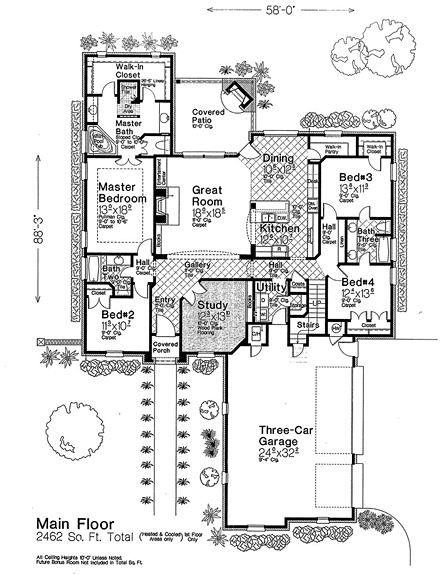 Country, European, French Country House Plan 89406 with 4 Beds, 4 Baths, 3 Car Garage First Level Plan