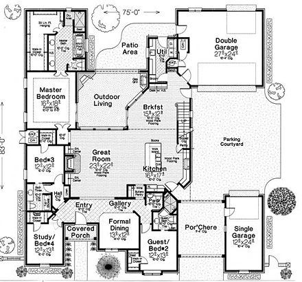 Country, European, French Country, Tudor House Plan 89409 with 4 Beds, 5 Baths, 3 Car Garage First Level Plan