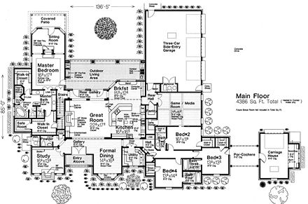 European, French Country, Tudor House Plan 89413 with 4 Beds, 5 Baths, 4 Car Garage First Level Plan