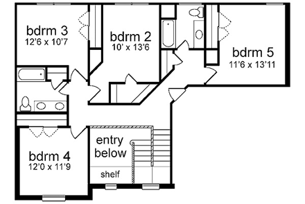 European House Plan 89832 with 5 Beds, 4 Baths, 2 Car Garage Second Level Plan