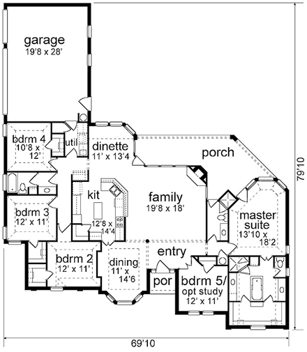 European House Plan 89834 with 5 Beds, 3 Baths, 3 Car Garage First Level Plan