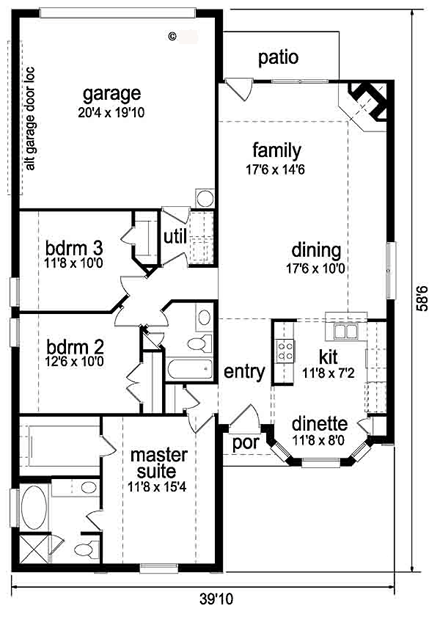 Narrow Lot, One-Story, Traditional House Plan 89883 with 3 Beds, 2 Baths, 2 Car Garage First Level Plan