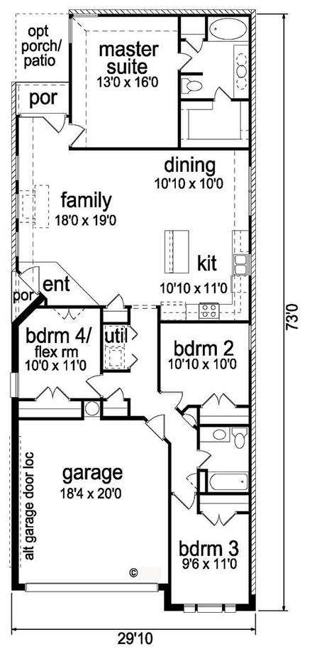 Narrow Lot, One-Story, Traditional House Plan 89885 with 4 Beds, 2 Baths, 2 Car Garage First Level Plan