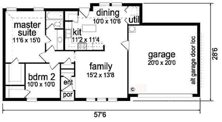Traditional House Plan 89886 with 2 Beds, 1 Baths, 2 Car Garage First Level Plan