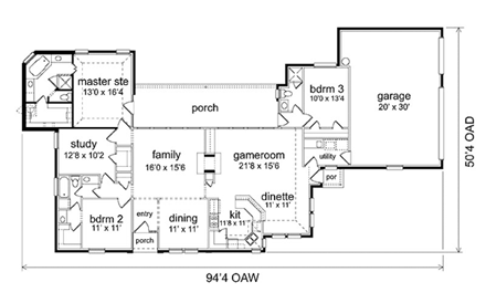 European House Plan 89947 with 3 Beds, 3 Baths, 3 Car Garage First Level Plan