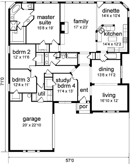 European House Plan 89956 with 4 Beds, 2 Baths, 2 Car Garage First Level Plan
