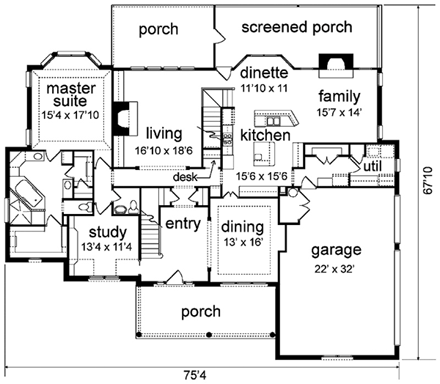 European, Tudor House Plan 89964 with 4 Beds, 4 Baths, 3 Car Garage First Level Plan